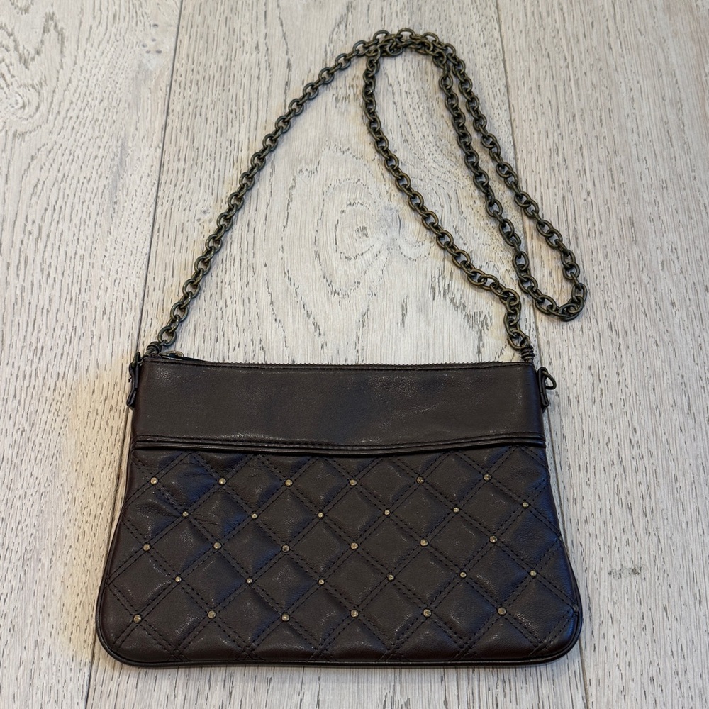 Express Studded Vegan Leather Clutch with Detachable Metal Crossbody Chain